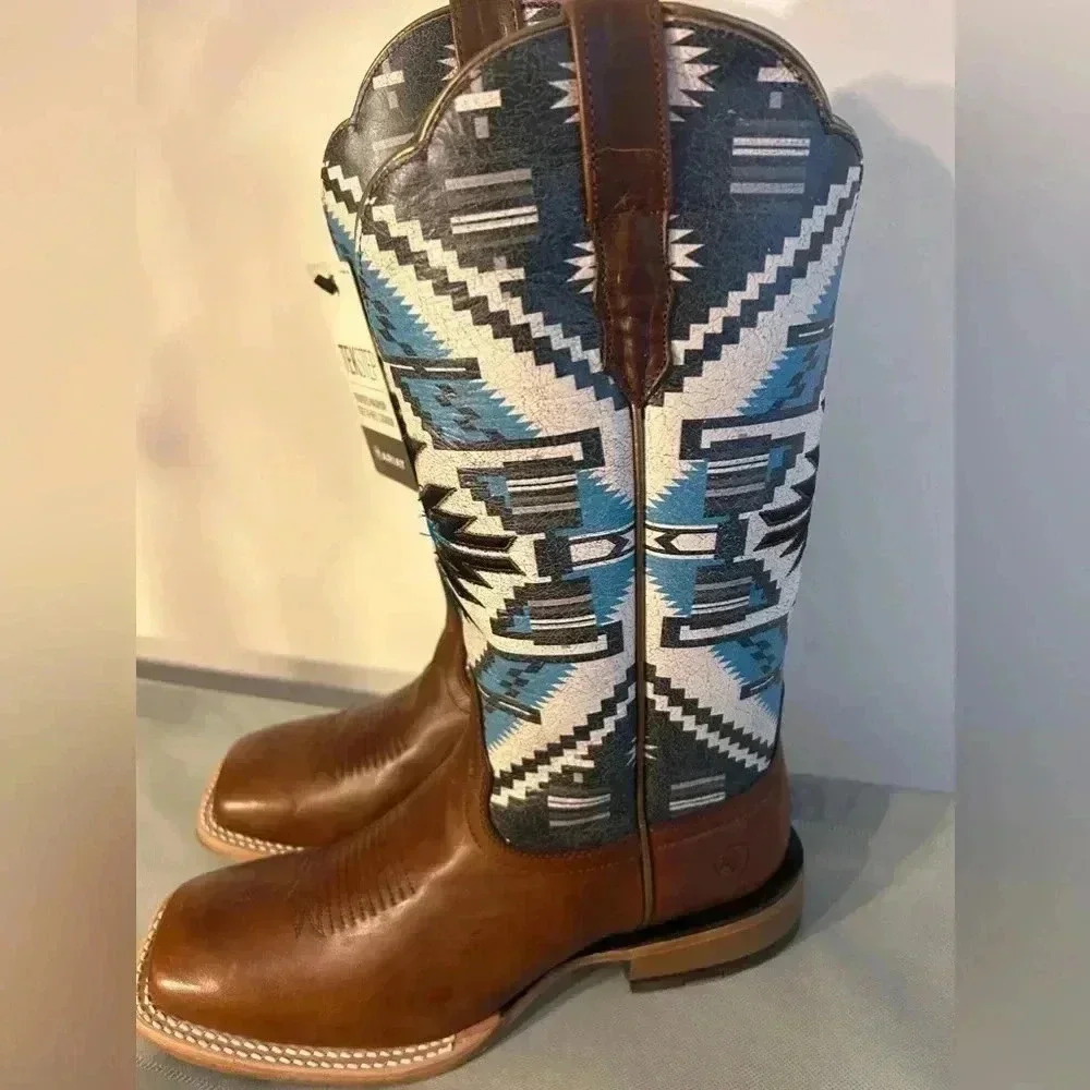Ariat Brown Leather & Blue Patterned Western Combat Boots - Picture 4 of 5